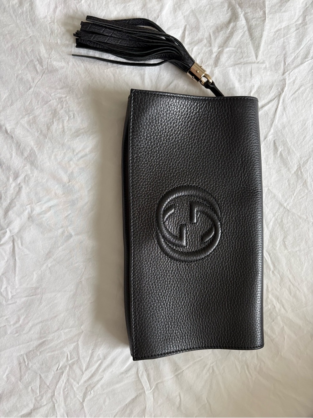 Gucci Black Pebbled Leather Tassel Clutch